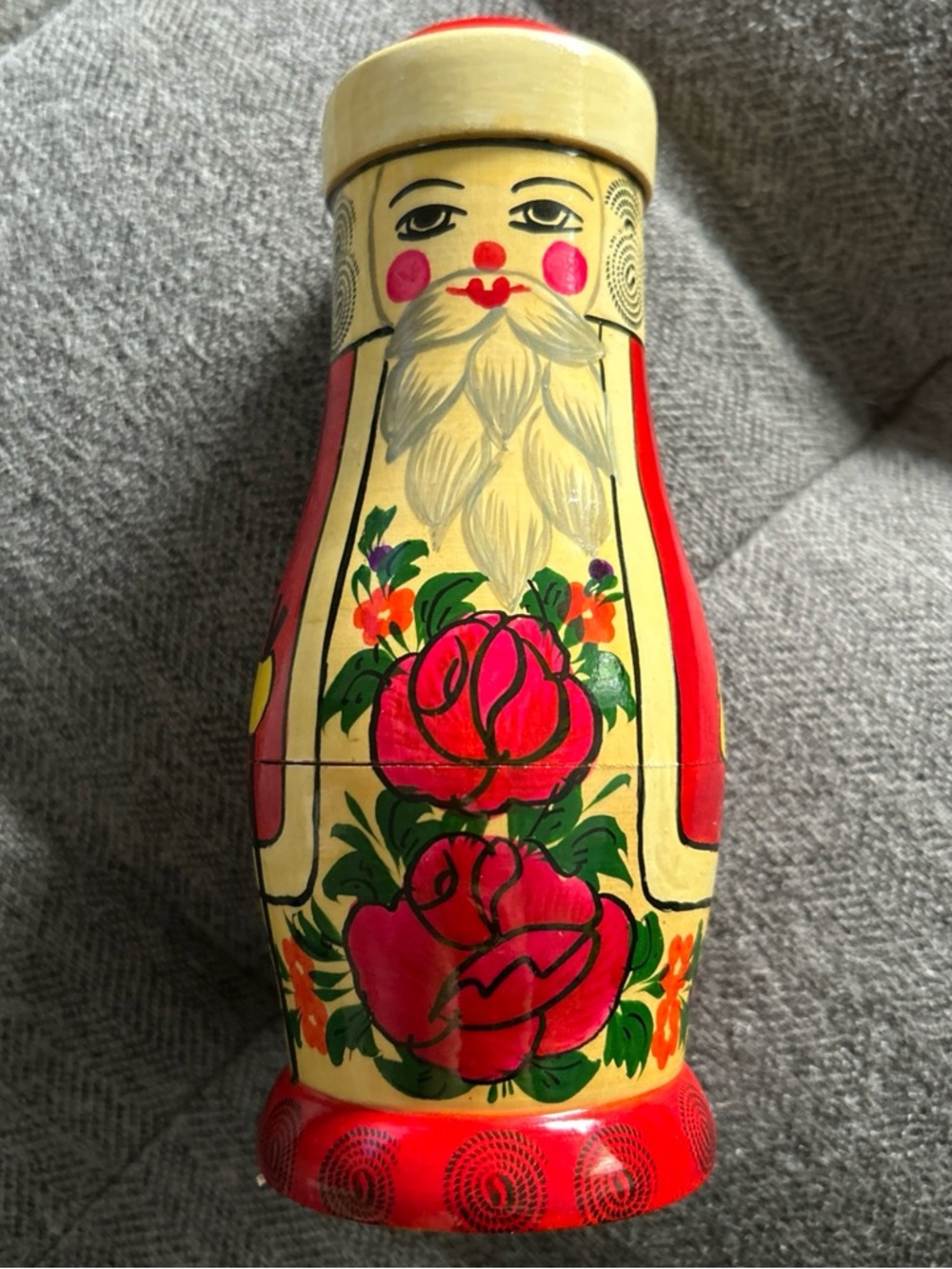 Hand-Painted Russian Nesting Doll Style Decorative Container - Red & Cream